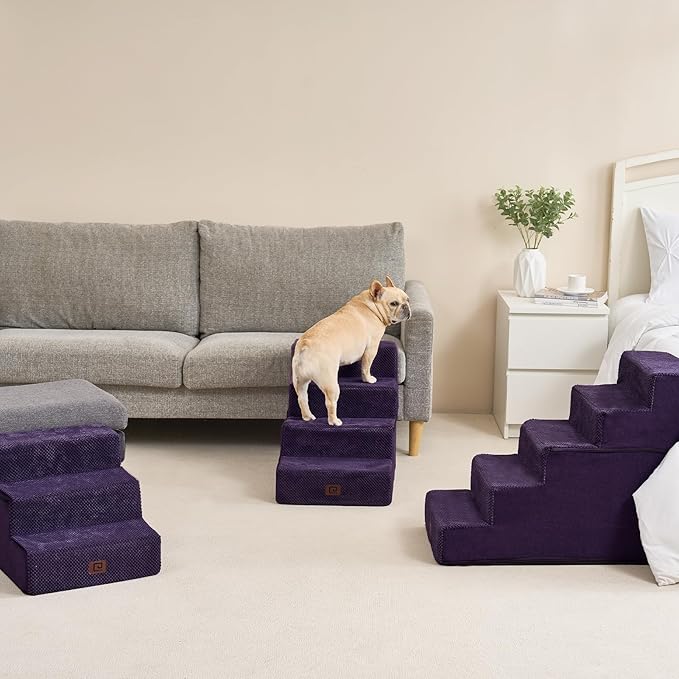 EHEYCIGA Dog Stairs for High Bed 22.5" H, 5-Step Dog Steps for Bed, Pet Steps for Small Dogs and Cats, Non-Slip Balanced Pet Ramp Indoor, Purple-PawvioPets