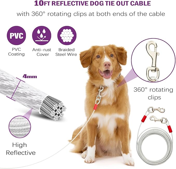 360° Swivel Dog Tie Out Cable and Stake - 2025 Upgrad Stainless Steel Dog Stake Dog Anchor for Small to Large Dogs - No Tangle Reflective Run Cable for Yard (Silver 10 ft Cable)-PawvioPets