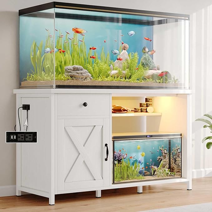 55 Gallon Fish Tank Stand with LED Light & Power Outlets, 55-75 Gallon Aquarium Stand with Drawer & Barn Door, 50" L x 20" W Cabinet for 2 Fish Tank Accessories Storage, Turtle Tank, Antique White-PawvioPets