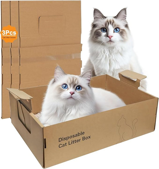 3-Pack Disposable Litter Boxes for Cats,Disposable 100% Renewable Cardboard Foldable Litter Boxes,Large-Capacity Portable Cardboard Cat Litter Box,Waterproof Travel Litter Box,17.2'' x 12.2'' x 5.3''-PawvioPets