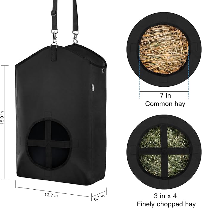 3 Packs Goat Hay Feeder,Hay Bags for Goats,Horses,Sheep,Premium 600D Oxford Cloth,with Metal Fastener and Adjustable Open Feed Hole for Slow Feeding. (3 Black)-PawvioPets