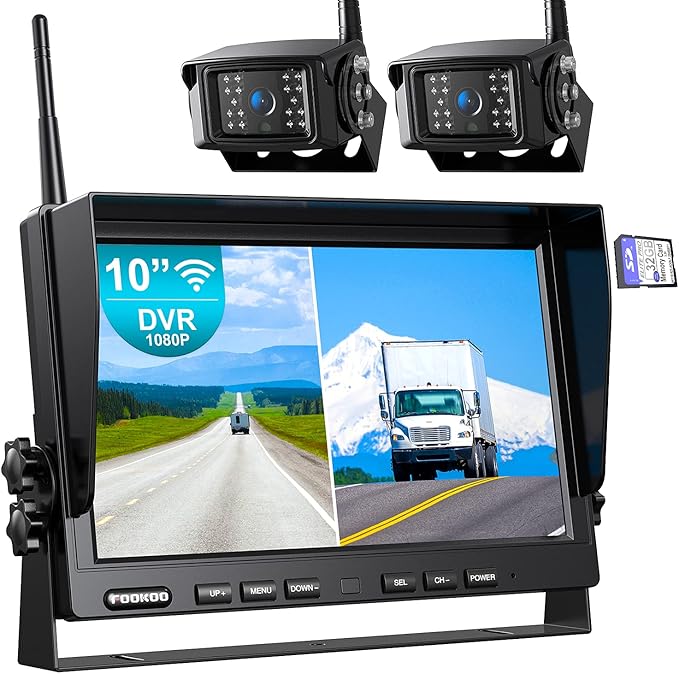 Fookoo 1080P 10" Wireless Backup Camera System, 10" Dual/Quad Split Monitor with Recording, IP69 Waterproof Rear/Front View Cameras, Parking Lines for RV/Truck/Trailer/Van(DW102)-PawvioPets