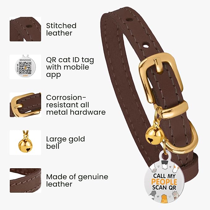BRONZEDOG Leather Cat Collar with Removable Bells Non Breakaway Kitten QR Tag for Girl Boy (9" - 12" Cats/Mini Dogs, Dark Brown & Gold)-PawvioPets