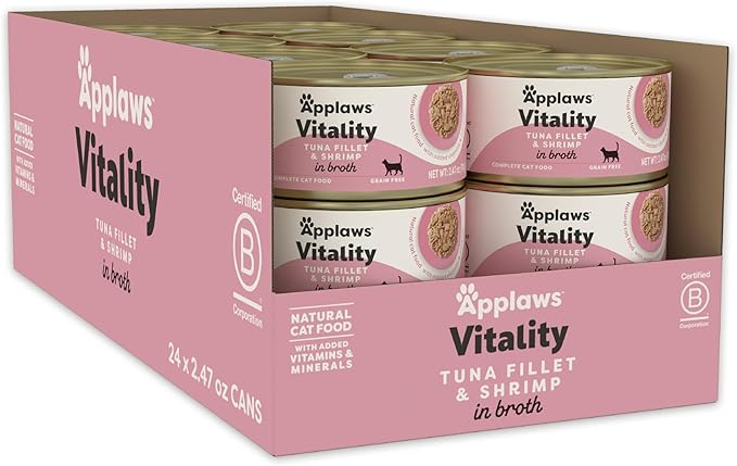 Applaws Vitality Wet Cat Food in Broth, Natural Canned Cat Food, Wet Food for Cats with Added Vitamins and Minerals, Grain and Carrageenan Free, Tuna Fillet & Shrimp in Broth (24 Count, 2.47 oz Cans)-PawvioPets