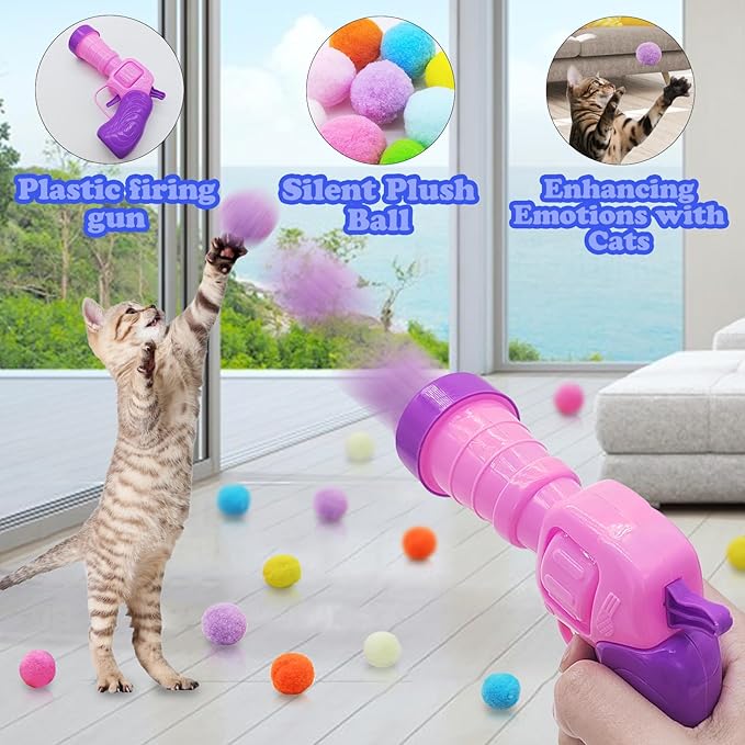 Andiker Plush Pom Pom Balls Set - Interactive Cat Toy (30pcs - Pink: 100balls, Launcher Set)-PawvioPets