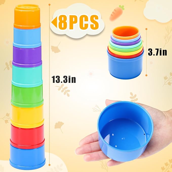 8 Pcs Stacking Cups for Rabbits - Safe Reusable Bunny Toys in Different Sizes, Durable Rainbow Colored Nesting Toys for Small Animals Bunny Hiding Food Playing Bunny Gifts-PawvioPets
