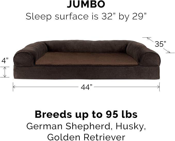 Furhaven Cooling Gel Dog Bed for Large Dogs w/ Removable Bolsters & Washable Cover, For Dogs Up to 95 lbs - Sherpa & Chenille Sofa - Coffee, Jumbo/XL-PawvioPets