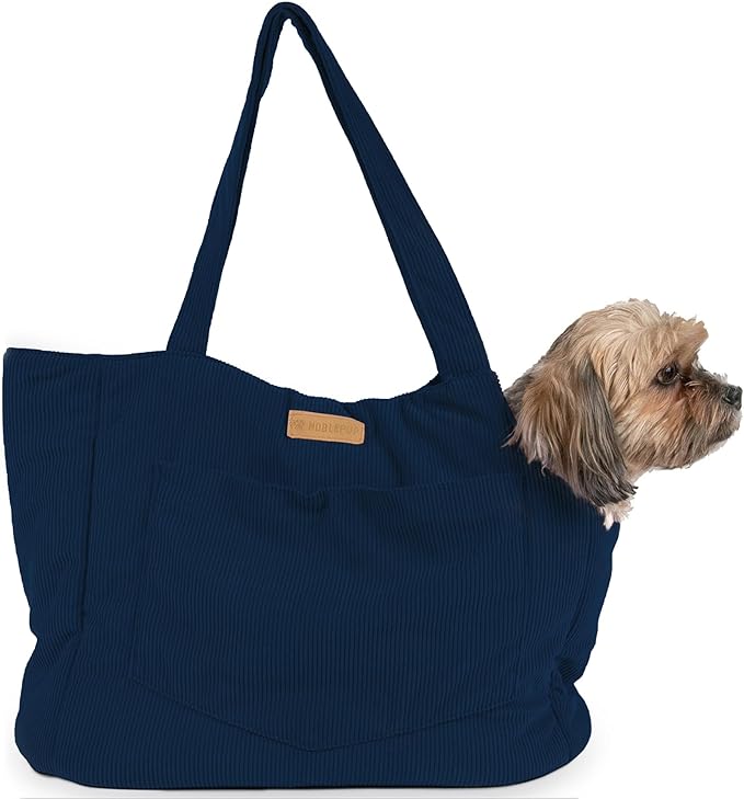 Corduroy Dog Carrier - Lightweight Cotton Soft-Sided Pet Tote with Safety Harness Clip - Breathable Travel Carrier for Small Dogs and Puppies (Dark Blue)-PawvioPets