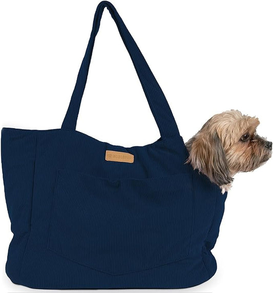 Corduroy Dog Carrier - Lightweight Cotton Soft-Sided Pet Tote with Safety Harness Clip - Breathable Travel Carrier for Small Dogs and Puppies (Dark Blue)-PawvioPets