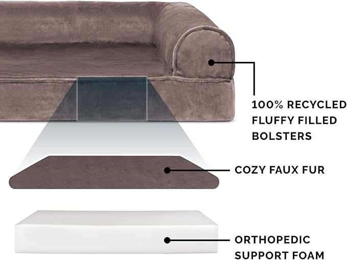 Furhaven Orthopedic Dog Bed for Large Dogs w/ Removable Bolsters & Washable Cover, For Dogs Up to 125 lbs - Faux Fur & Velvet Sofa - Driftwood Brown, Jumbo Plus/XXL-PawvioPets