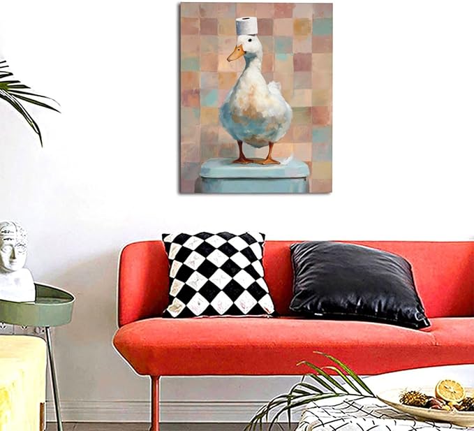 Funny Duck Bathroom Wall Art Cute Duck on Toilet Canvas Wall Decor Funny Quirky Farm Animal Pictures Painting Print Framed Artwork Decorations Gifts for Bathroom 16"x20"-PawvioPets