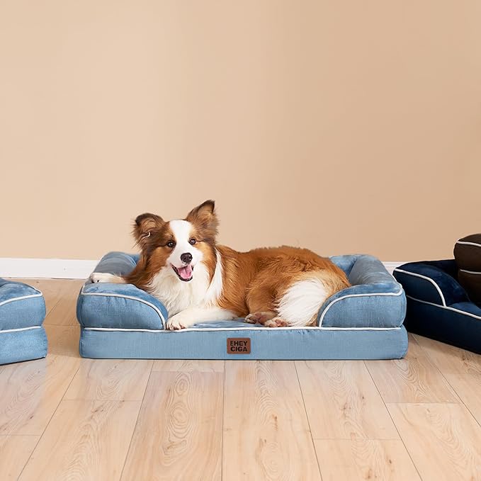 EHEYCIGA Orthopedic Dog Beds for Large Dogs, Waterproof Memory Foam Large Dog Bed with Sides, Non-Slip Bottom and Egg-Crate Foam Pet Couch Bed with Washable Removable Cover, Washed Blue-PawvioPets