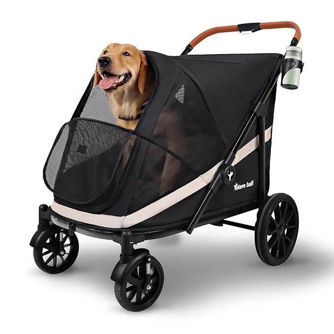 Dog Stroller for Large Dogs One-Click Folding 4 Wheel Foldable Dog Stroller for 2 Dogs with Storage Pocket Suitable for Pets Up to 110LBS (Black, Large)-PawvioPets