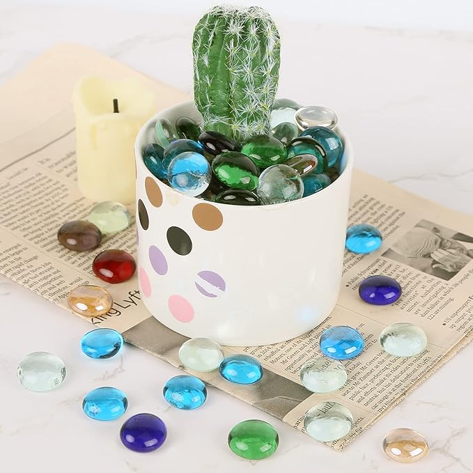 FUTUREPLUSX 1LB Multicolored Flat Glass Marbles, Mixed Mancala Stones Pebbles Flat Beads Mosaics Gemstones for Vase Filler Table Scatter Home Decor-PawvioPets