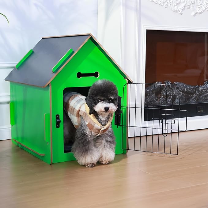 Dog House Indoor for Small Dogs or Cats, Cozy Wooden Design, Small Indoor Bed House, with Air Vents and Elevated Floor Warm Dog Cave (Green)-PawvioPets
