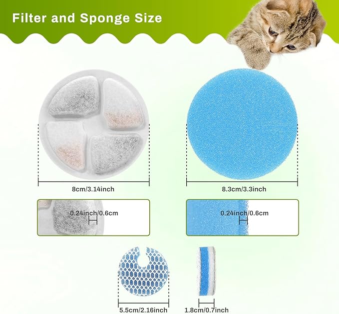 10 Set Cat Water Fountain Filters for 2L/67oz Round Stainless Steel Pet Water Fountain, ZEKIRY Pet Water Fountain Filters, Triple Filtration Replacement Filters(10 Filter, 10 Sponge, 10 8D Sponge)-PawvioPets