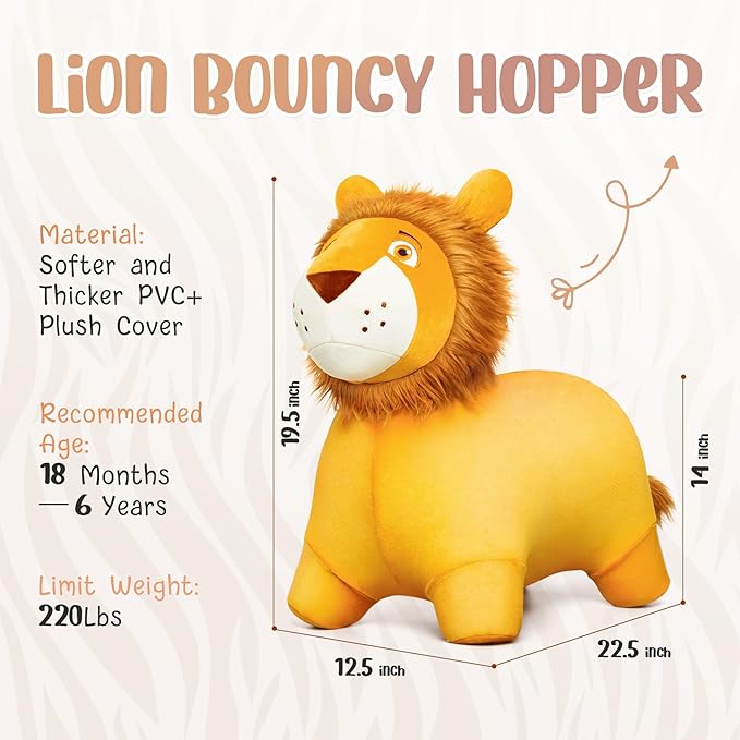 EVERICH TOY Lion Bouncy Horse, Inflatable Plush Hopping Toy, Bouncing Animal Hopper for Toddlers, Fun Ride-On Toy for Kids 18 Months-6 Years, Indoor & Outdoor Play, Great Gift Boys Girls-PawvioPets