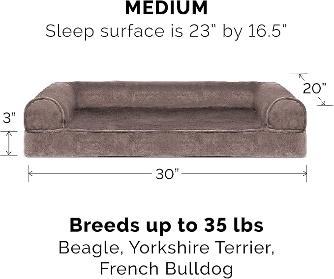 Furhaven Cooling Gel Dog Bed for Medium/Small Dogs w/ Removable Bolsters & Washable Cover, For Dogs Up to 35 lbs - Faux Fur & Velvet Sofa - Driftwood Brown, Medium-PawvioPets
