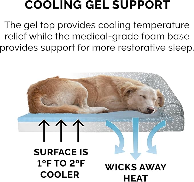 Furhaven Cooling Gel Dog Bed for Large Dogs w/ Removable Bolsters & Washable Cover, For Dogs Up to 125 lbs - Plush & Almond Print L Shaped Chaise - Gray Almonds, Jumbo Plus/XXL-PawvioPets