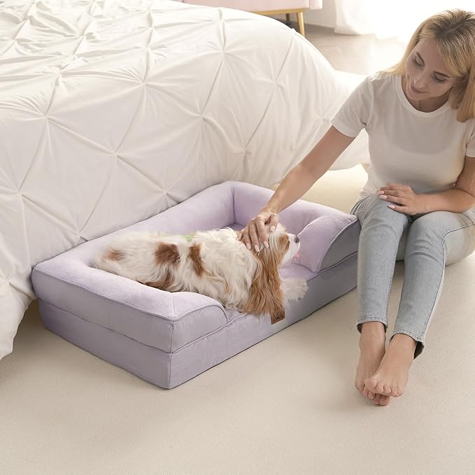 EHEYCIGA Orthopedic Dog Beds for Large Dogs, Waterproof Memory Foam Large Pet Bed with Sides, Non-Slip Bottom and Egg-Crate Foam Dog Couch Bed with Washable Removable Cover, Lilac-PawvioPets