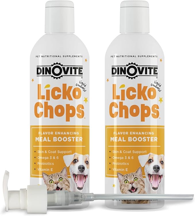 Dinovite Lickochops for Dog & Cat Supplement Enhanced with Omega-6, 3 Fatty Acids, Probiotics and Vitamin E, 16 oz with Pump-PawvioPets