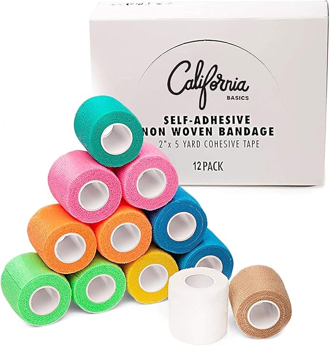 California Basics, Self Adhesive Bandage Wrap, 2 Inch by 5 Yards Non Woven Cohesive Bandage Rolls, 24 Pack, Vet/Stretch Wrap, Multi Colored Neon Medical Athletic Tape for Wrist, Waterproof-PawvioPets
