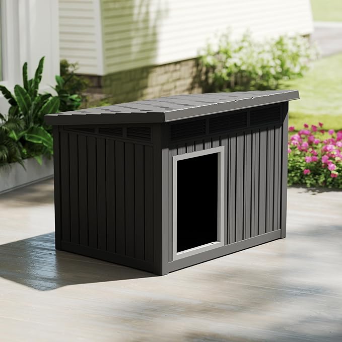 Dog House Indoor Outdoor,Resin Waterproof Puppy Shelter with Air Vents and Elevated Floor,Air Rod on Top to Open,Dog Kennel for Small to Large Dogs(Black,42.87 * 32.95 * 31.61)-PawvioPets
