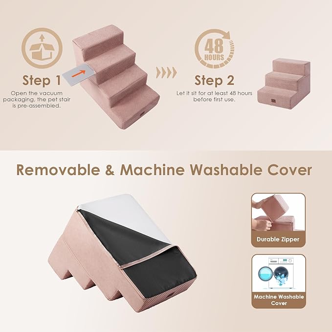 EHEYCIGA Dog Stairs for Small Dogs 13.5" H, 3-Step Dog Steps for Couch Sofa and Chair, Pet Steps for Medium Cats, Non-Slip Balanced Pet Ramp Indoor, Pink-PawvioPets