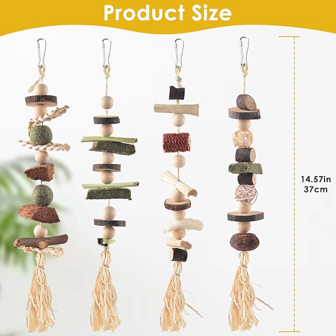 4 Pcs Bunny Chew Toys for Teeth, Hanging Rabbit Chewing Toy Treats with Timothy Grass & Natural Apple Wood, Improve Small Rodent Dental Health for Guinea Pig Hamster Chinchilla Rat Gerbil-PawvioPets