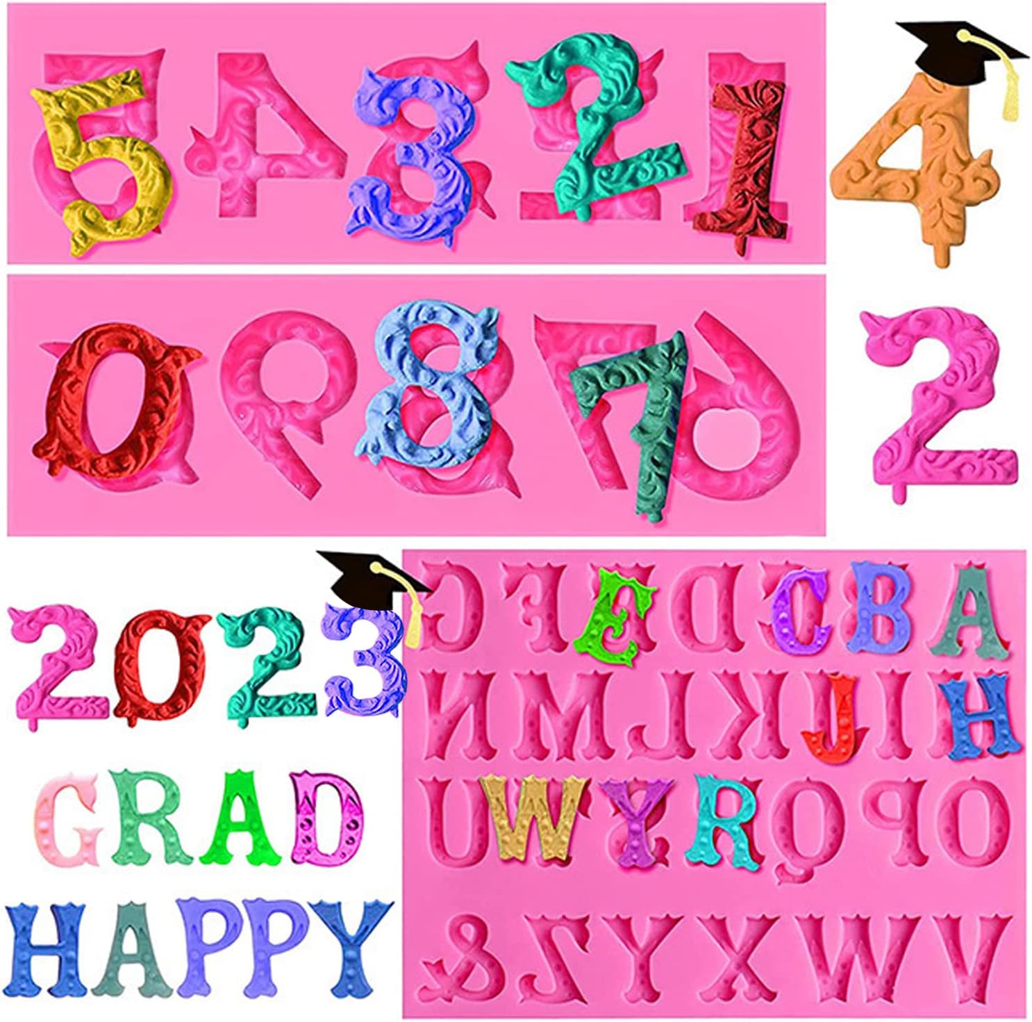 Silicone Fondant Molds, AIMEIKI 3 Pack 3D Silicone Number 0-9 Alphabet A-Z Embossed Fondant Chocolate Baking Molds for Decorating Birthday Cake Candy Chocolate DIY Craft Projects