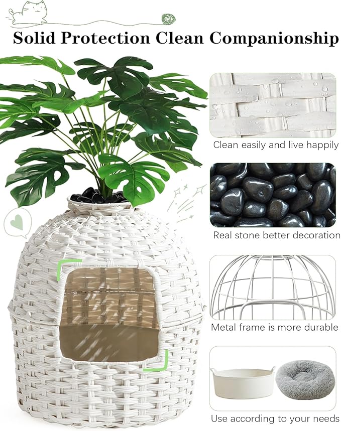 Cat Litter Box Plant Enclosure, Hidden Handwoven Rattan with Cat Litter Box Furniture and Artificial Plants, Odor Control Filter, Real Stones in Living Room, Bedroom, Corner (White)-PawvioPets