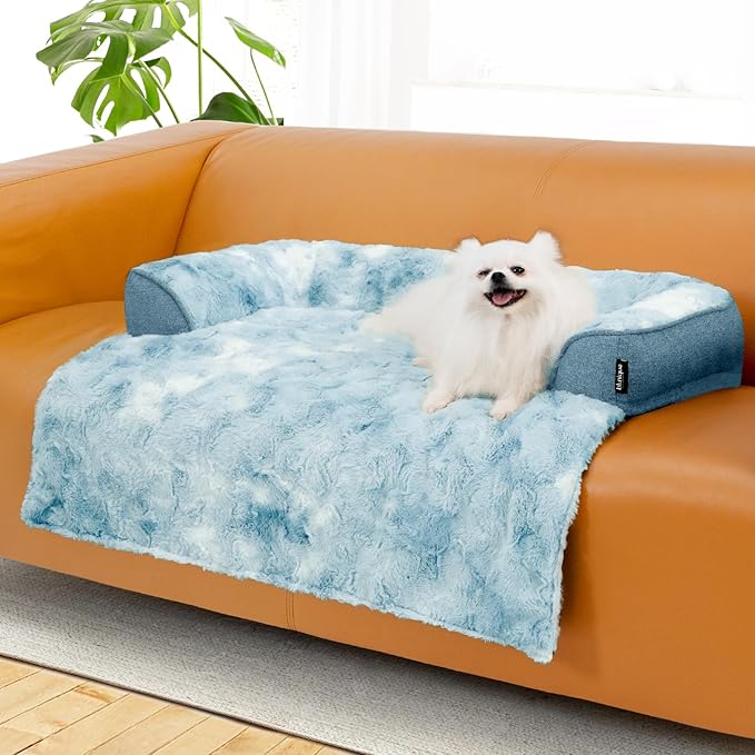 Calming Dog Couch Bed for Medium Dogs/Cats, 35 x 31 inch Waterproof Removable Dogs Mat Couch Cover for Furniture Protector, Non-Slip Fluffy Pelsbarn Dog Bed for Couch, Sofa - Tie-Dye Blue-PawvioPets
