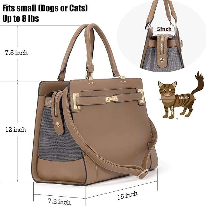 Fashion Pet Carrier Dog Cat Carrier Purse Soft-Sided Leather Handbag Pet Tote Bag for Small Dogs Puppy and Cats TSA Airline Approved (Khaki)-PawvioPets