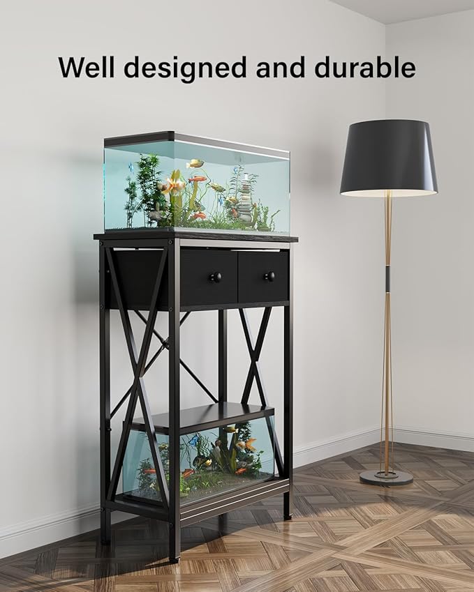 Fish Tank Stand for 5-10 Gallon Fish Tank: Aquarium Stand with Power Outlet - Metal 10 Gallon Tank Stand with Cabinet Drawer Storage for Turtle Tank, Reptile Terrarium (Black, 220LBS Capacity)-PawvioPets