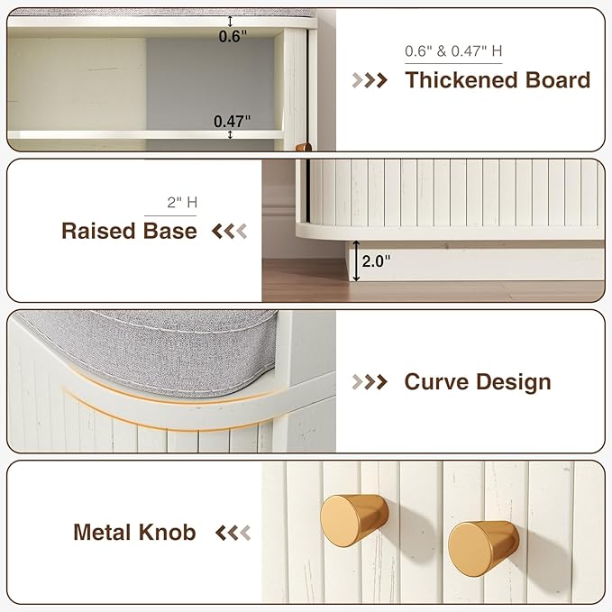 Cream White 39.4" W 2-Tier Shoe Bench with Storage | Entryway Bench with Padded Cushion, Sliding Doors & 5 Hooks-PawvioPets