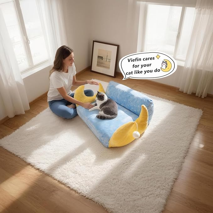 Cat Couch with Soft Pillow, Supportive Dog Couch, Cat Sofa with Removable Cover，Cute Moon Shaped, 24 Inch-PawvioPets