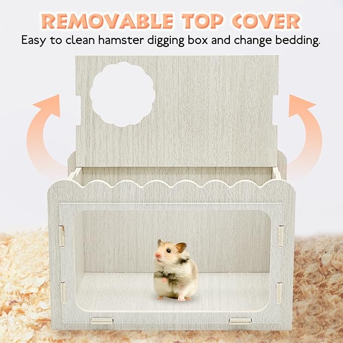 Fhiny Hamster Hideout Wooden Chamber with Climbing Ladder, Visible Hamster Digging Box with Acrylic Transparent Board Gerbil Platform Exploring House Habitat Decor for Dwarf Hamsters Gerbils Mice-PawvioPets