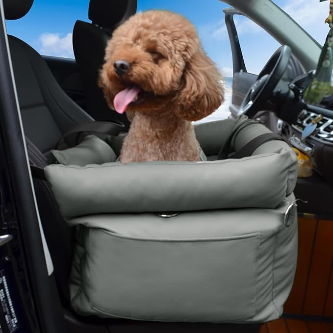 Dog Car Seat for Small Dogs, Large Leather Dog Car Bed with Storage Pocket, Waterproof PVC Leather Booster Seat Travel Bed for Front & Back Seat, Clip-On Safety Leash (Grey)-PawvioPets