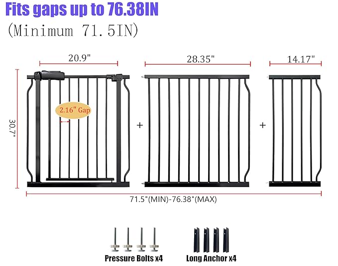 Baby Gates Extra Wide 71.5-76.4 Inch Large Baby Gates for Stairs Tension Pet Dog Gates Indoor for Doorways No Drilling Pressure Mounted Pet Gates for Kids-PawvioPets