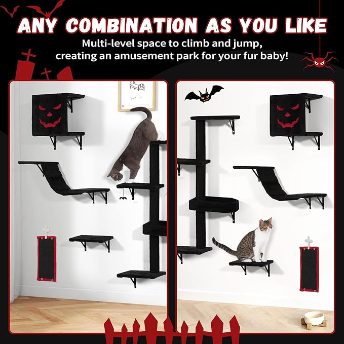 COZIWOW Wall-Mounted Cat Tree | Space-Saving Feline Furniture with Multiple Levels | Durable Scratch Post for Indoor Cats, Black&Red-PawvioPets