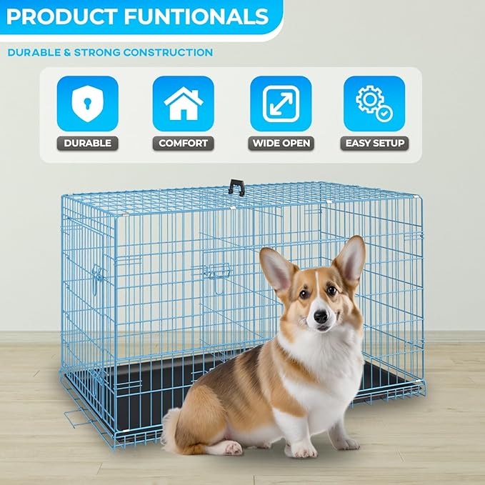 FDW Dog Crate for Small Dogs 24 Inch Folding Metal WirePet Cage Double Door W/Divider Panel Indoor Outdoor Kennel Leak-Proof Plastic Tray,Blue-PawvioPets
