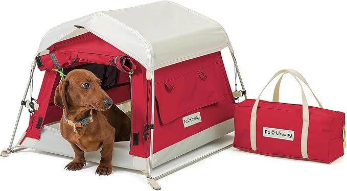 Dog Tent Cotton Fabric, Aluminum Poles and Camping Mat, Outdoor Weatherproof, Dog House Outdoor, Breathable with 2 Side Windows, Portable and Collapsible (Red, Small)-PawvioPets