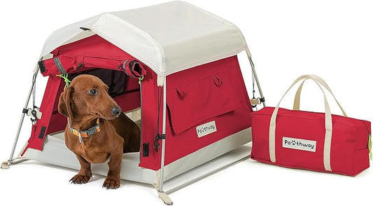 Dog Tent Cotton Fabric, Aluminum Poles and Camping Mat, Outdoor Weatherproof, Dog House Outdoor, Breathable with 2 Side Windows, Portable and Collapsible (Red, Small)-PawvioPets
