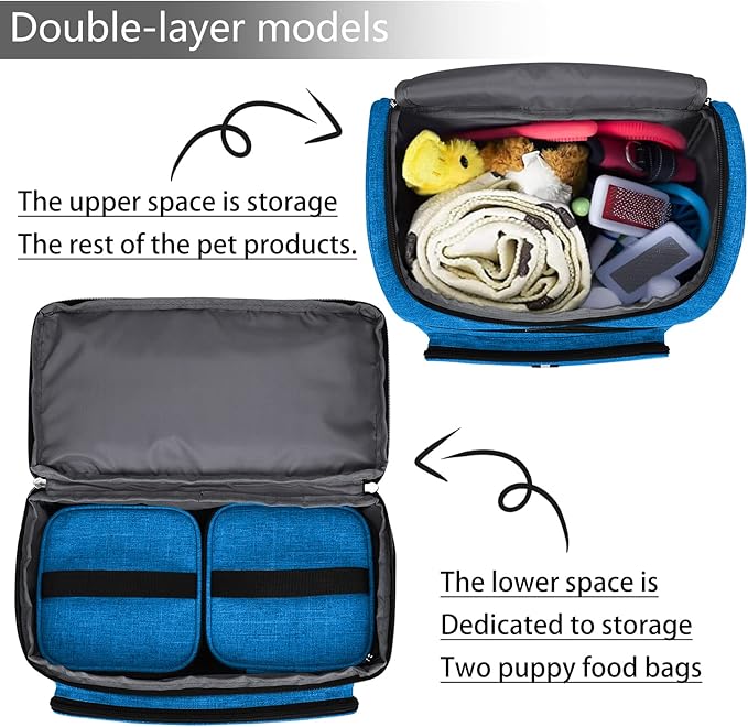 BAGLHER Pet Travel Bag, Double-Layer Pet Supplies Backpack (for All Pet Travel Supplies), Pet Travel Backpack with 2 Silicone Collapsible Bowls and 2 Food Baskets Blue-PawvioPets