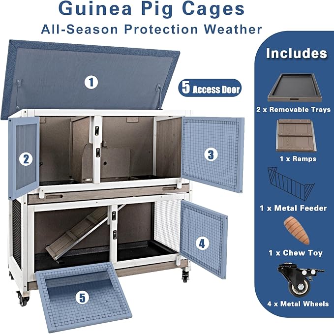 36" L Guinea Pig Cages Wooden, 2 Story Rabbit Cage Indoor Guinea Pig Habitat on 4 Metal Wheels and 2 Deeper Pull-Out Trays, Ramp, Leak Proof Guinea Pig Cages Indoor Small Animal Cage, Grey-PawvioPets