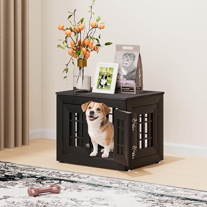 26" Heavy Duty Dog Crate Furniture for Small,Medium and Large Dogs,Rustic Wooden Dog Cage Kennel Indoor Furniture with Waterproof Top,Decorative Pet House Side End Table (Black & Grey)-PawvioPets