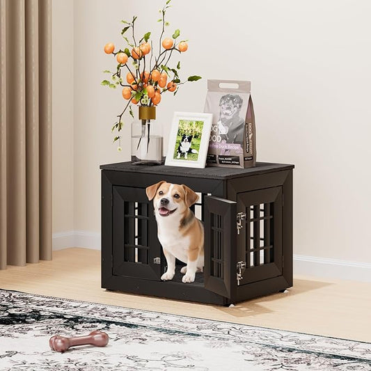 26" Heavy Duty Dog Crate Furniture for Small,Medium and Large Dogs,Rustic Wooden Dog Cage Kennel Indoor Furniture with Waterproof Top,Decorative Pet House Side End Table (Black & Grey)-PawvioPets