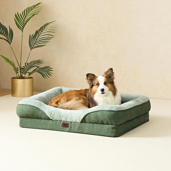 EHEYCIGA Memory Foam Dog Bed for Medium Size, Orthopedic Dog Sofa with Sides and Waterproof Liner, Washable Bolster Pet Couch with Removable Cover, 35x22x6.5 Inch, Green-PawvioPets