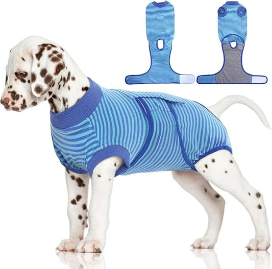 FUAMEY Recovery Suit for Dogs After Surgery,Soft Breathable Dog Bodysuit E-Collar & Cone Alternative Surgical Suit,Male Female Dog Neuter Spay Suits Anti Licking Wounds Onesie Navy Blue Strips S-PawvioPets
