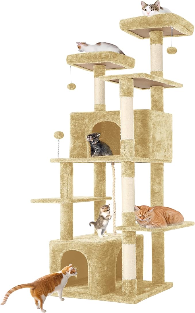 69in Large Cat Tree Tower for Indoor Cats with Soft Plush Hang Ball, Two Condos, Sisal Scratch Posts & Rope Play for Kittens/Adult Cats, Beige-PawvioPets